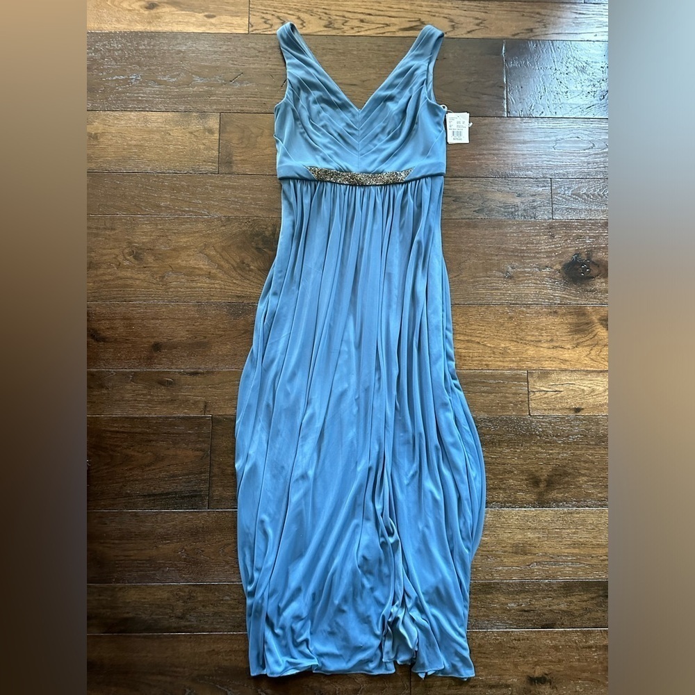 David's Bridal Elegant Blue Maxi Dress with Gold Detail- size 12